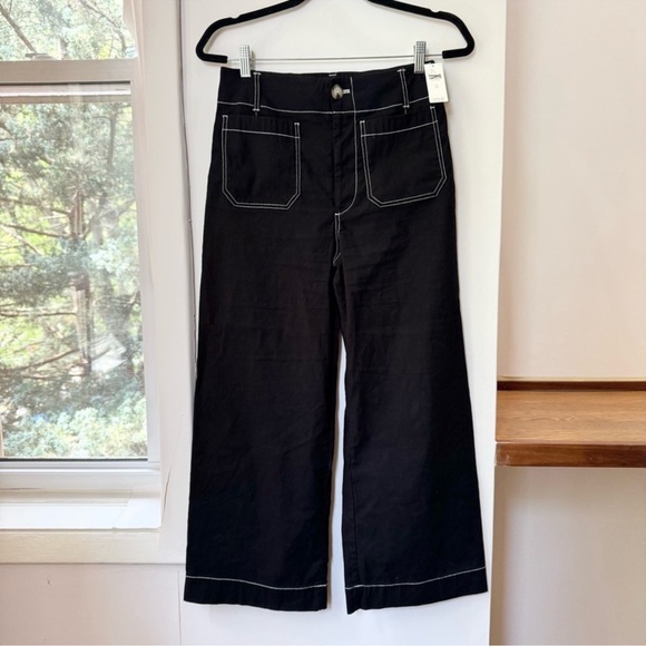 NWT Anthropologie Maeve Colette Linen Wide Leg Pants Black Contrast Stitch 24 - Picture 5 of 14